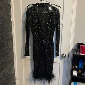 Fashion nova sequin see through black dress with fur on bottom new with tags